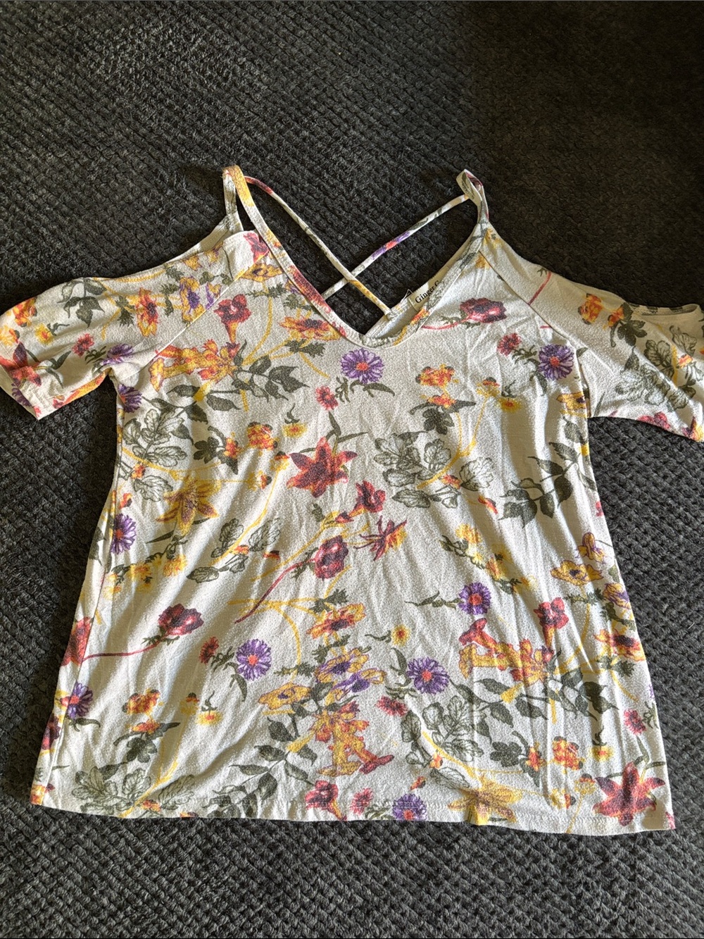 Ginger G Cream Floral Cold-Shoulder Tank with Crisscross Straps